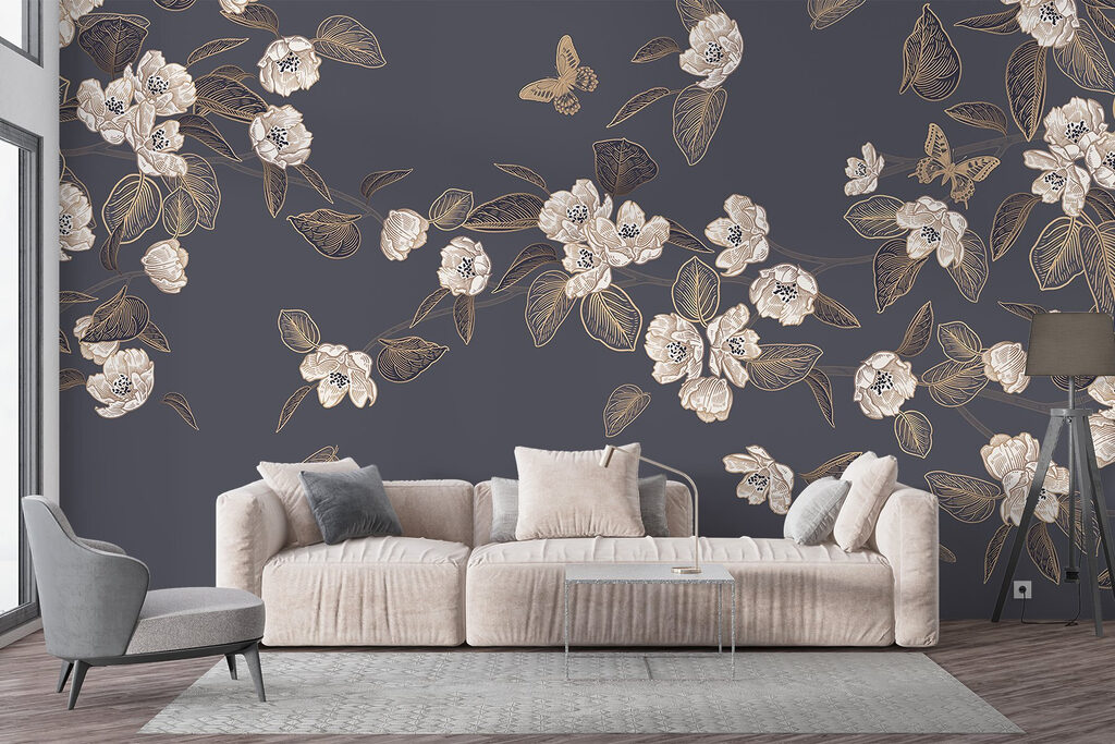 White flowers and leaves on a gray background