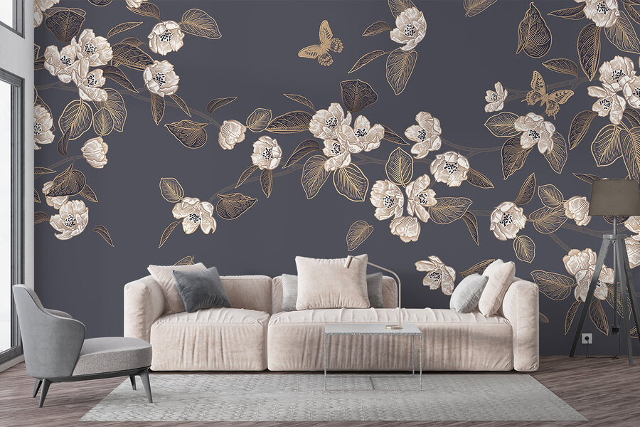 Fototapeten Weiße Blumen und Blätter auf grauem Hintergrund – Bild 6