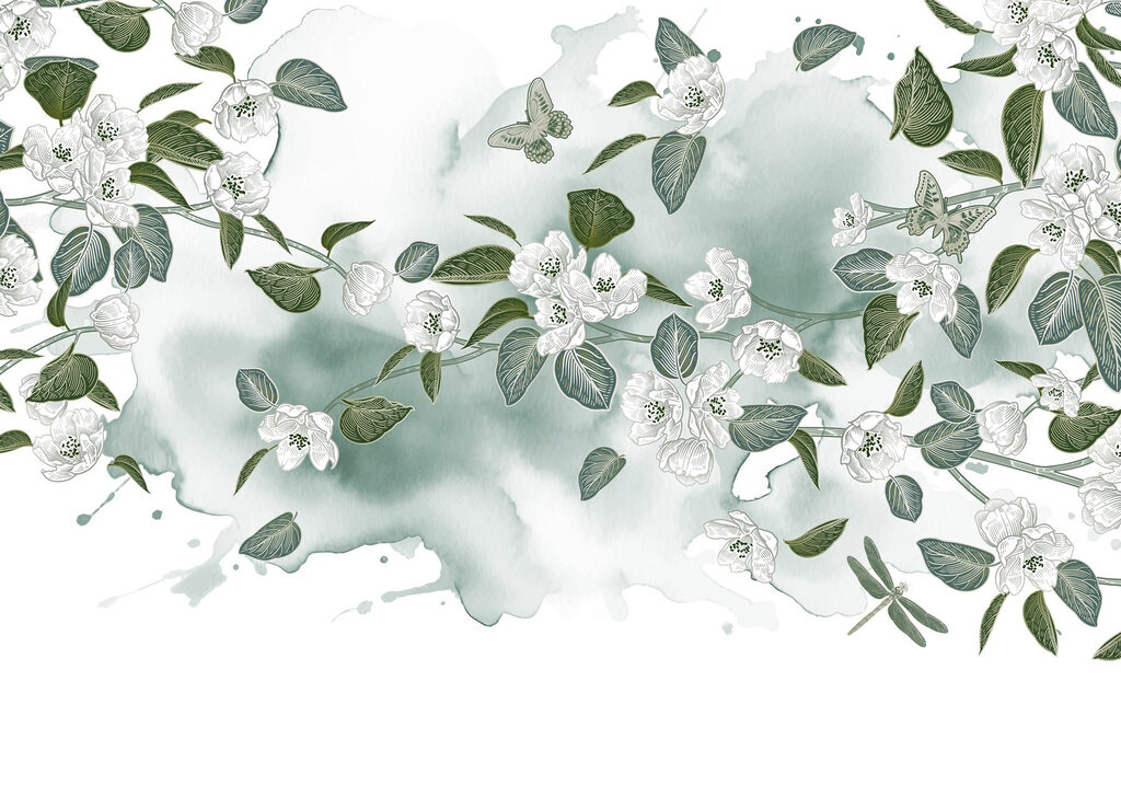 Weiße Blumen und grüne Blätter auf einem weißen Hintergrund Weiße Blumen und grüne Blätter auf einem weißen Hintergrund