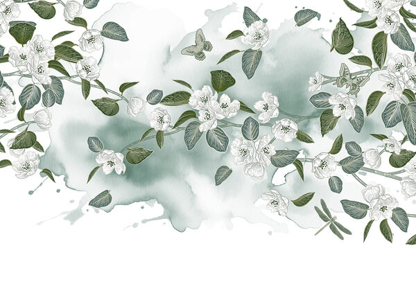 Weiße Blumen und grüne Blätter auf einem weißen Hintergrund Weiße Blumen und grüne Blätter auf einem weißen Hintergrund