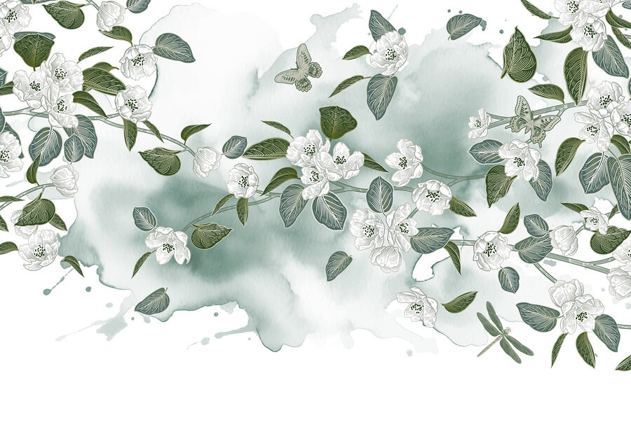 Weiße Blumen und grüne Blätter auf einem weißen Hintergrund