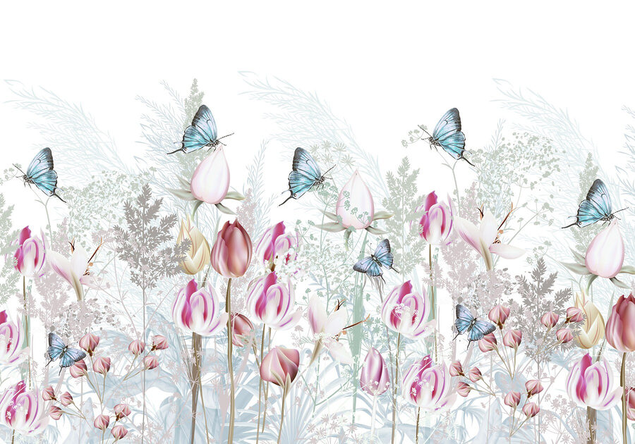Fototapeten Flatterhafte Schmetterlinge inmitten blühender Blumen. – Bild 5