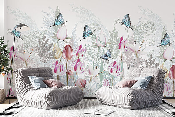 Fluttering butterflies among blooming flowers