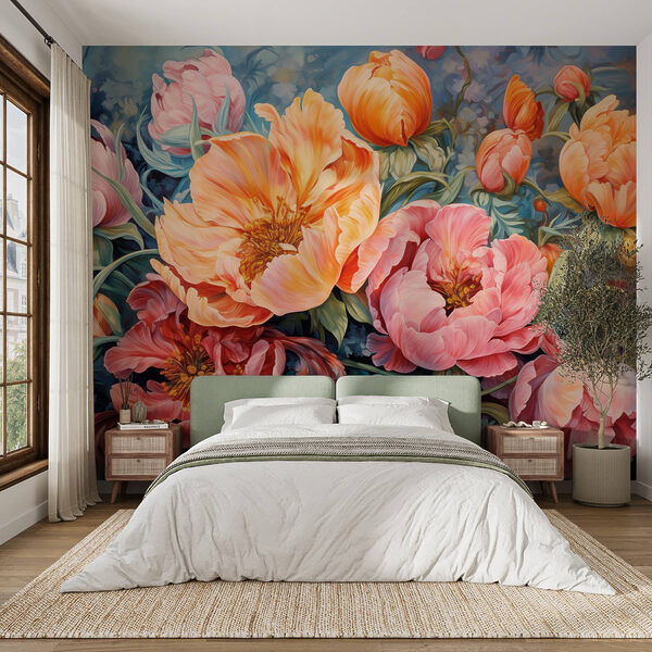 Gemälde mit Blumen auf blauem Hintergrund Gemälde mit Blumen auf blauem Hintergrund