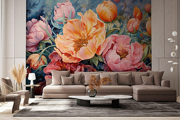 Gemälde mit Blumen auf blauem Hintergrund Gemälde mit Blumen auf blauem Hintergrund
