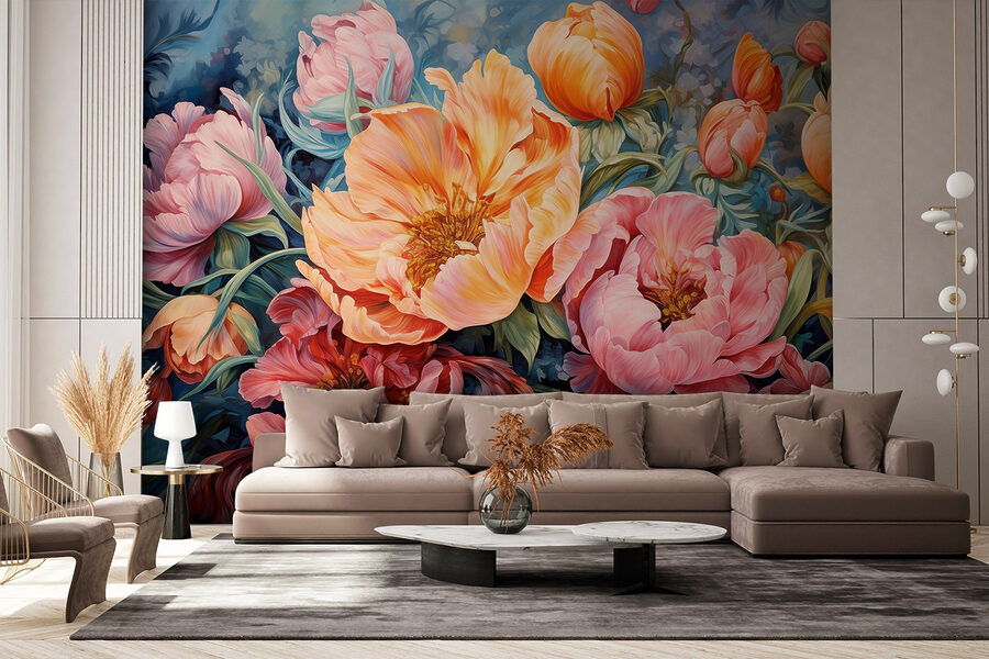 Gemälde mit Blumen auf blauem Hintergrund