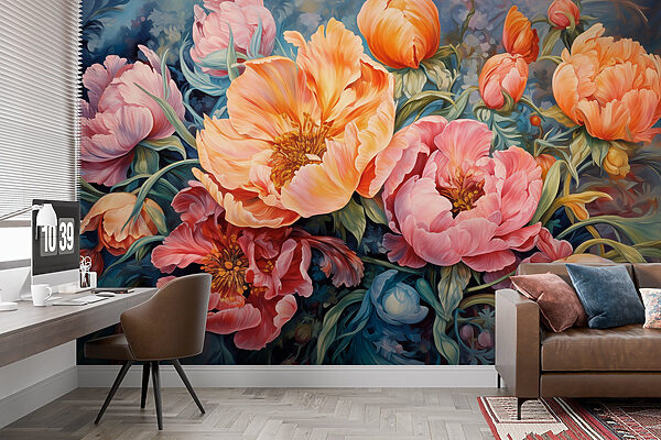 Gemälde mit Blumen auf blauem Hintergrund Gemälde mit Blumen auf blauem Hintergrund