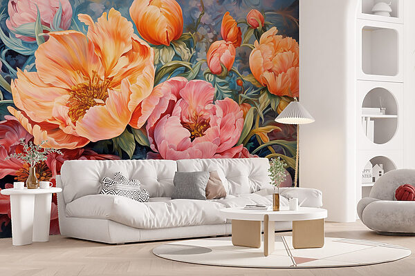 Gemälde mit Blumen auf blauem Hintergrund Gemälde mit Blumen auf blauem Hintergrund