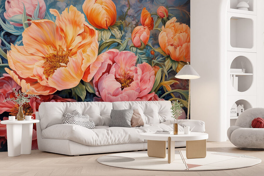Gemälde mit Blumen auf blauem Hintergrund