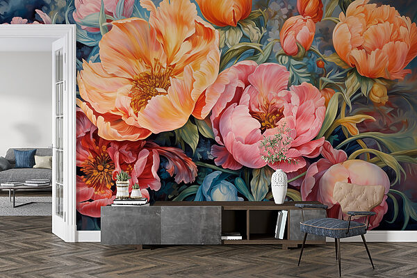 Gemälde mit Blumen auf blauem Hintergrund Gemälde mit Blumen auf blauem Hintergrund