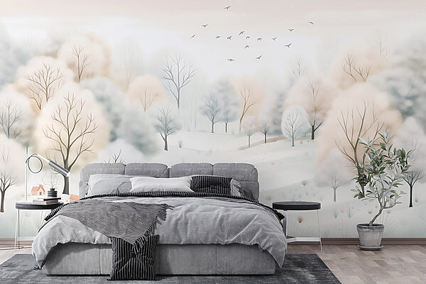 Verschneite Landschaft mit Bäumen und Vögeln Verschneite Landschaft mit Bäumen und Vögeln