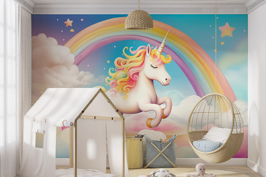 Fototapeten Einhorn mit Regenbogen und Wolken