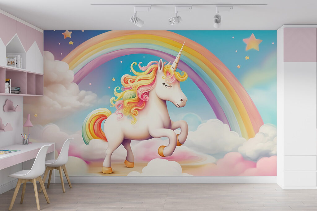 Unicorn with rainbow and clouds
