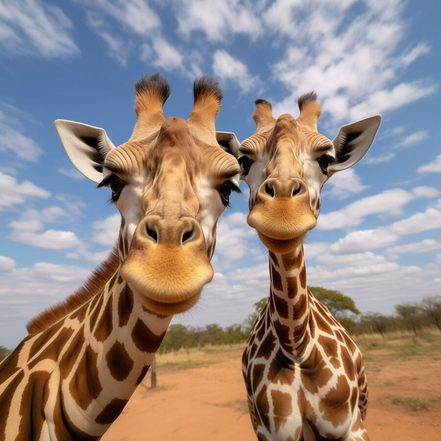 Zwei Giraffen stehen auf einem Feld