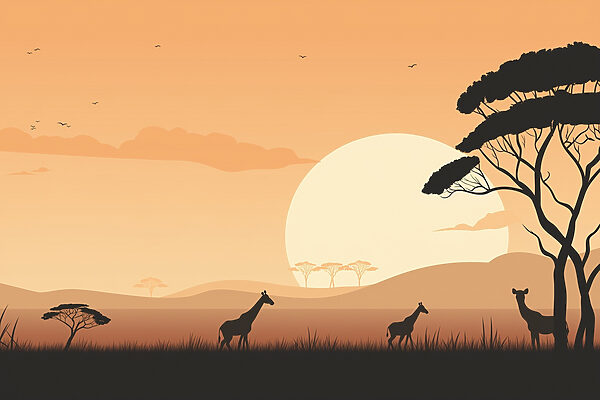 Giraffen in einem grasbewachsenen Feld mit Bäumen und einem Sonnenuntergang Giraffen in einem grasbewachsenen Feld mit Bäumen und einem Sonnenuntergang