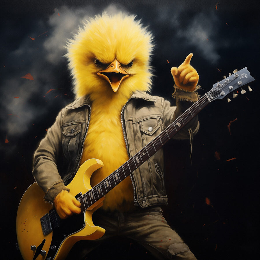 Person im Hühnergewand spielt Gitarre