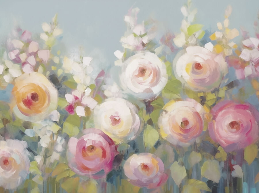 Gemälde mit Blumen auf blauem Hintergrund