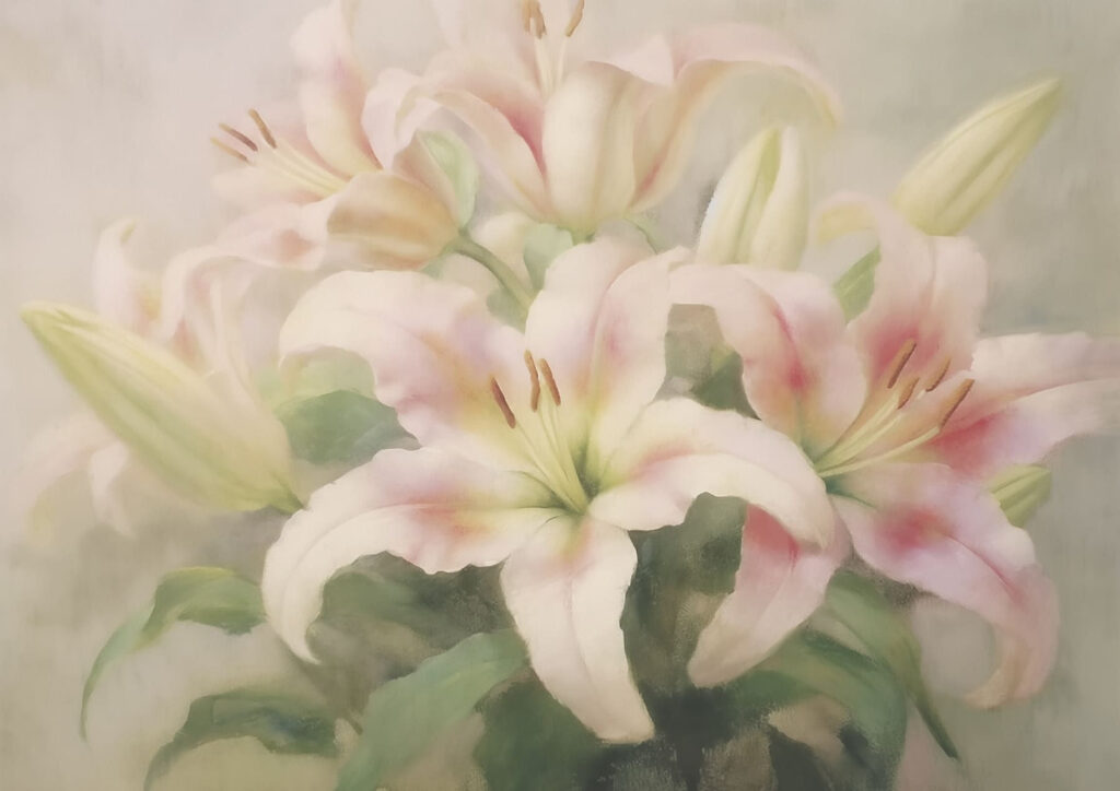 Gemälde einer Gruppe von rosa Blumen Gemälde einer Gruppe von rosa Blumen