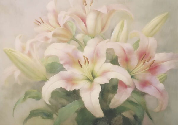 Gemälde einer Gruppe von rosa Blumen Gemälde einer Gruppe von rosa Blumen