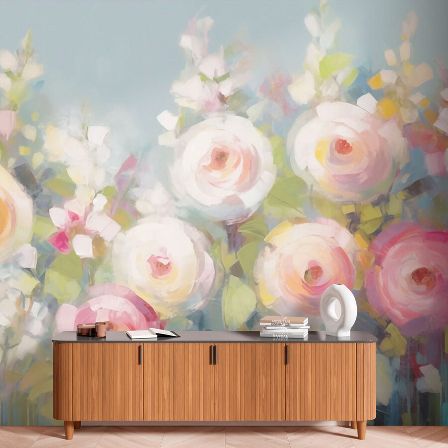 Gemälde mit Blumen auf blauem Hintergrund