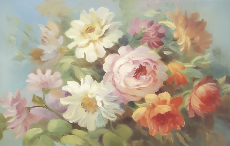 Gemälde mit Blumen auf blauem Hintergrund Gemälde mit Blumen auf blauem Hintergrund
