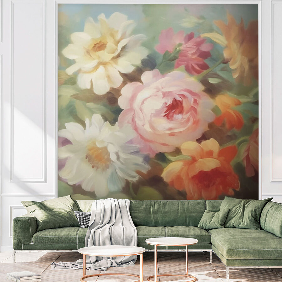 Gemälde mit Blumen auf blauem Hintergrund Gemälde mit Blumen auf blauem Hintergrund