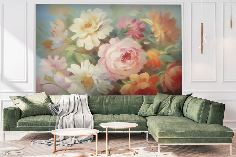 Gemälde mit Blumen auf blauem Hintergrund Gemälde mit Blumen auf blauem Hintergrund