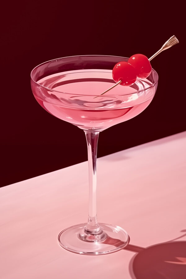 Glas mit rosa Flüssigkeit und zwei Kirschen darauf Glas mit rosa Flüssigkeit und zwei Kirschen darauf