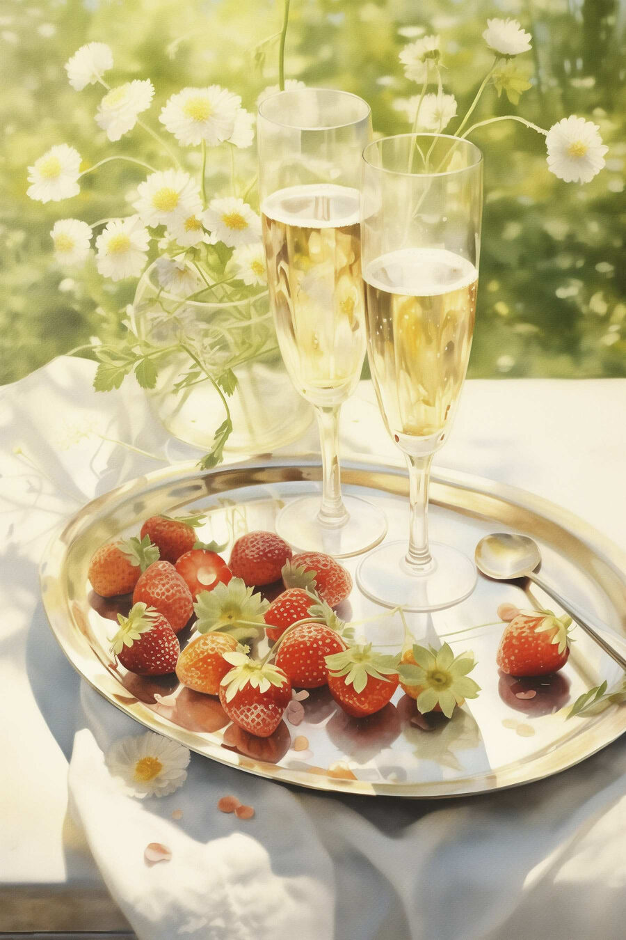 Tablett mit Champagner und Erdbeeren