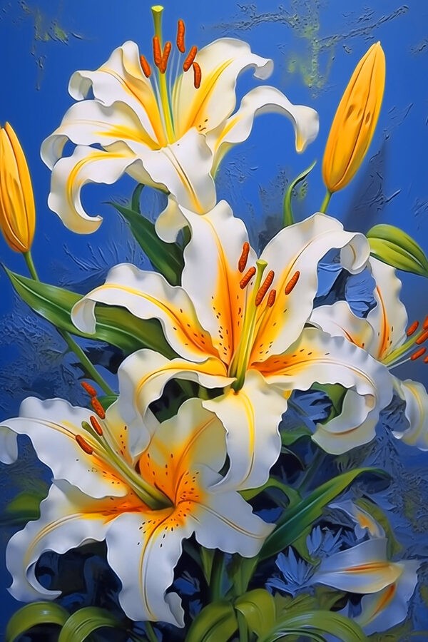 Lebendige Lilien vor blauem Hintergrund. Lebendige Lilien vor blauem Hintergrund.
