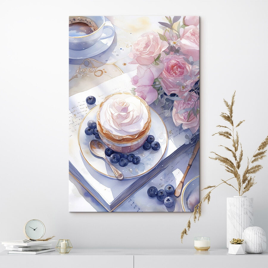 Aquarellmalerei eines Desserts mit einer Rose auf einem Teller mit Blaubeeren und einem Löffel