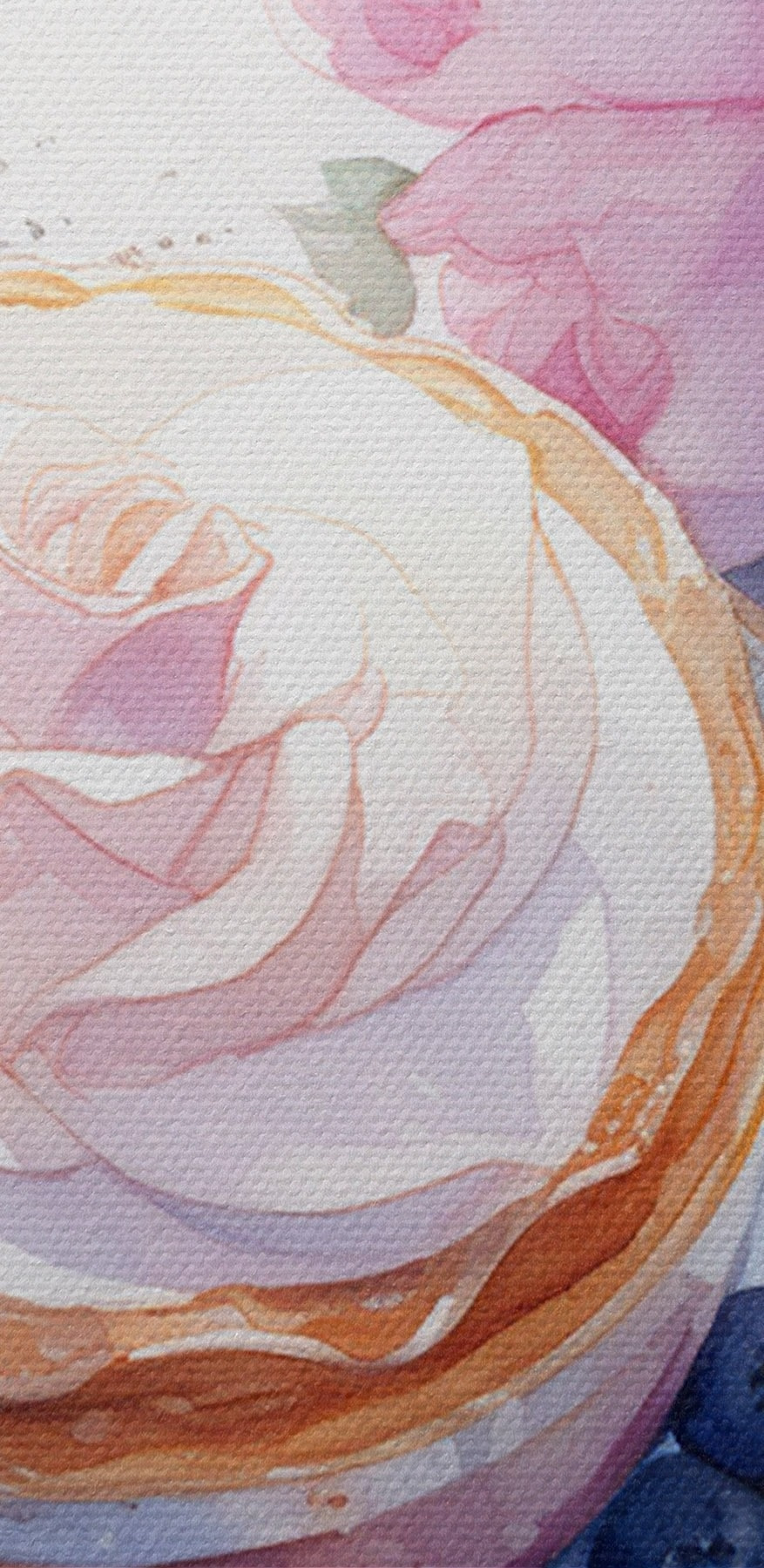 Aquarellmalerei eines Desserts mit einer Rose auf einem Teller mit Blaubeeren und einem Löffel
