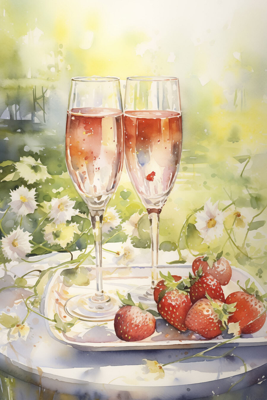 Aquarellmalerei von zwei Gläsern Champagner und Erdbeeren auf einem Tablett