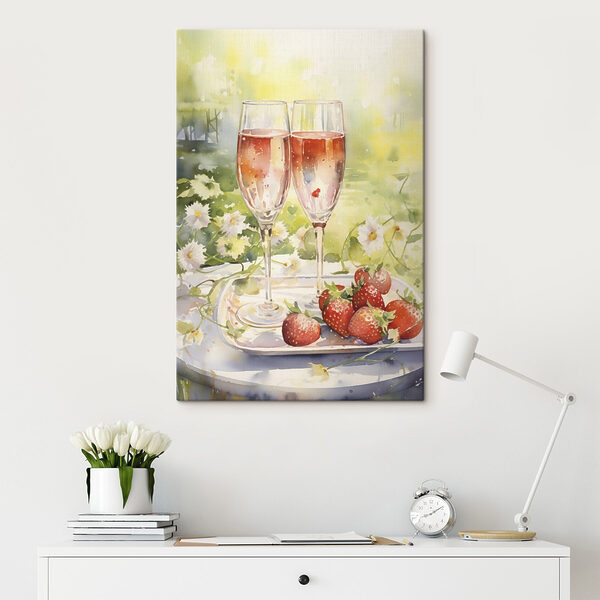 Aquarellmalerei von zwei Gläsern Champagner und Erdbeeren auf einem Tablett Aquarellmalerei von zwei Gläsern Champagner und Erdbeeren auf einem Tablett