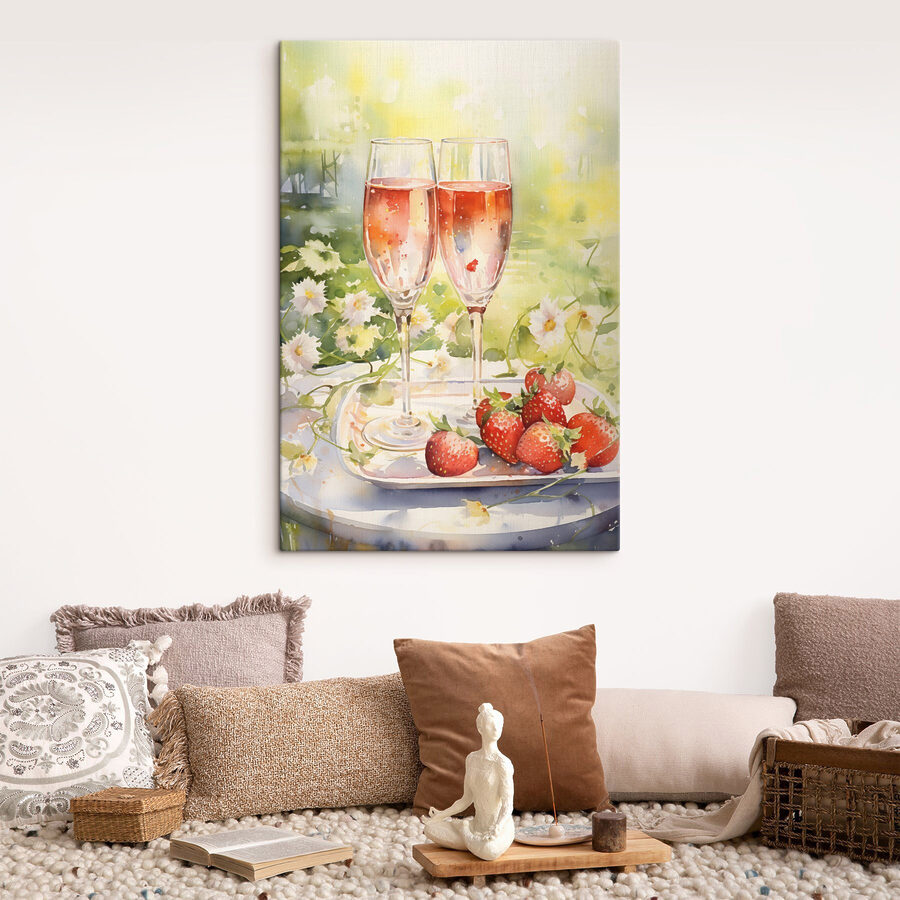 Aquarellmalerei von zwei Gläsern Champagner und Erdbeeren auf einem Tablett