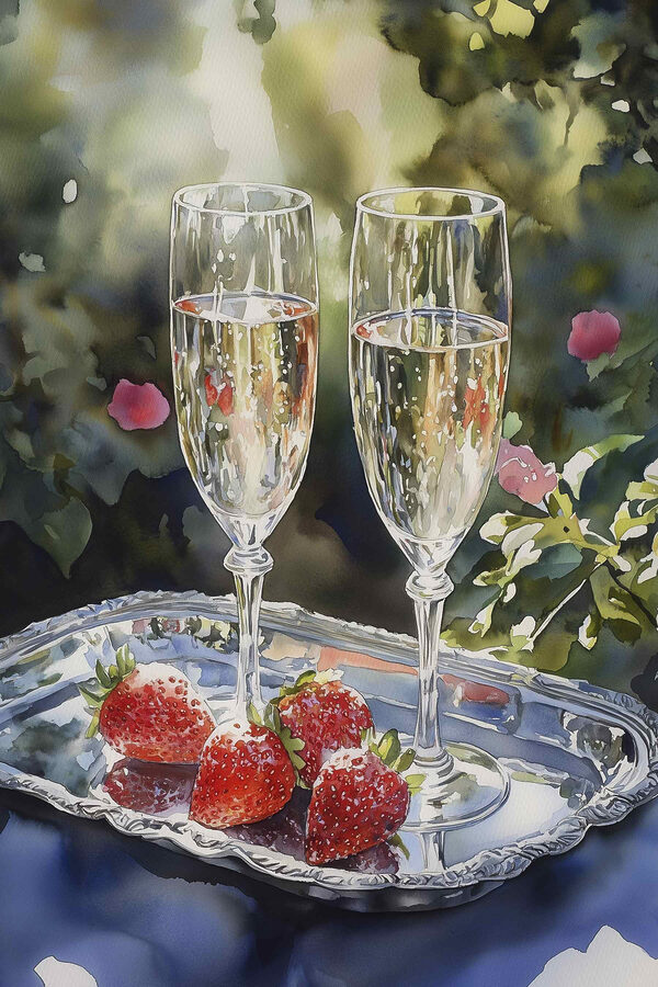 Zwei Gläser Champagner und Erdbeeren auf einem Tablett Zwei Gläser Champagner und Erdbeeren auf einem Tablett