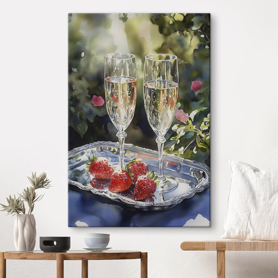 Zwei Gläser Champagner und Erdbeeren auf einem Tablett