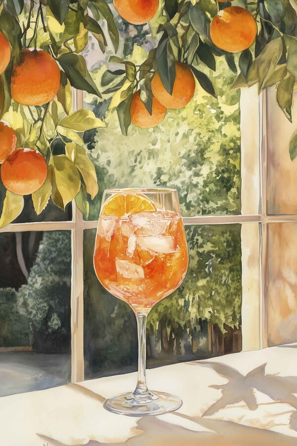 Glas Orangensaft mit Eis und Orangen aus einem Fenster Glas Orangensaft mit Eis und Orangen aus einem Fenster