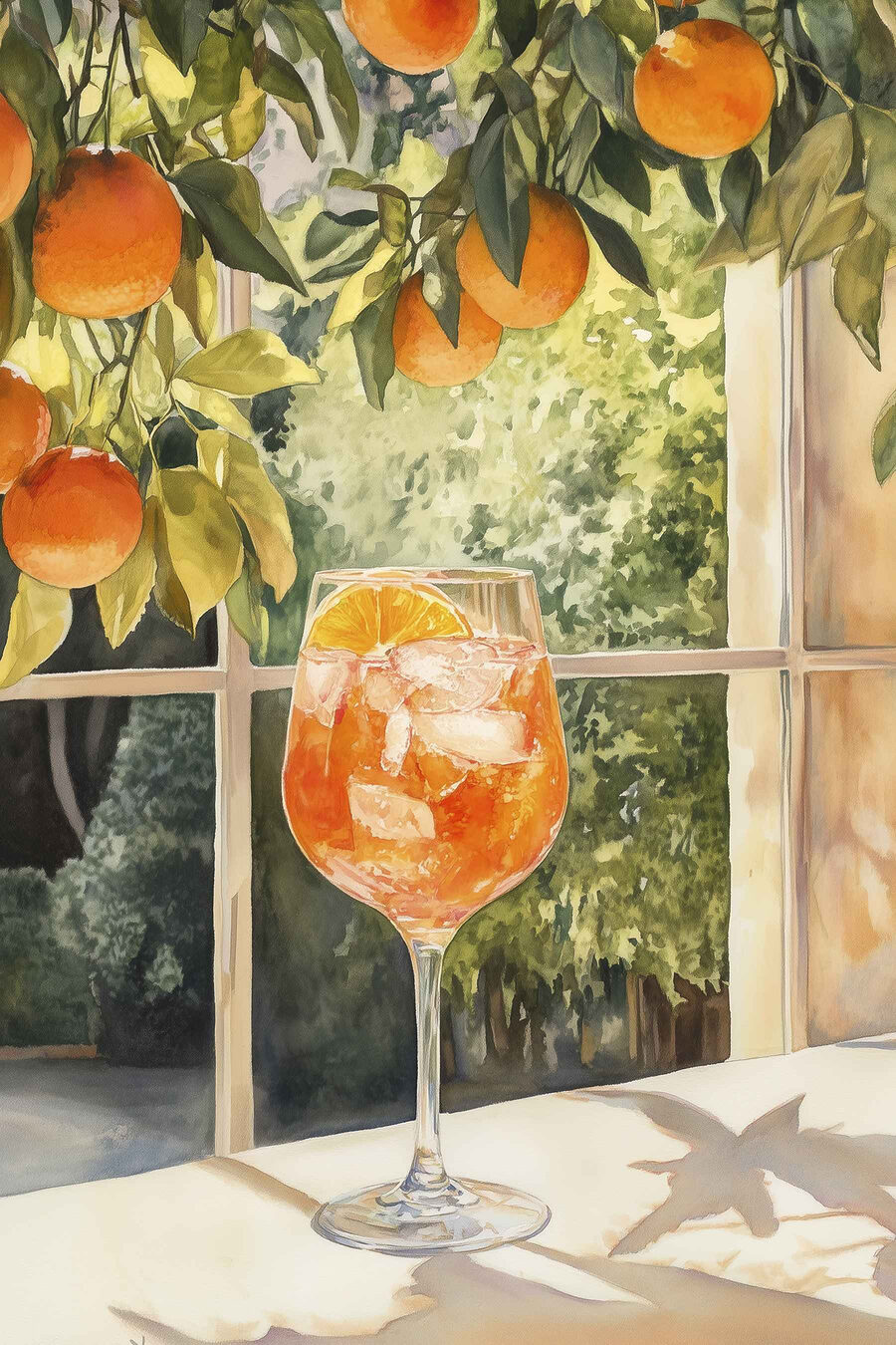 Wandbilder Glas Orangensaft mit Eis und Orangen aus einem Fenster – Bild 7