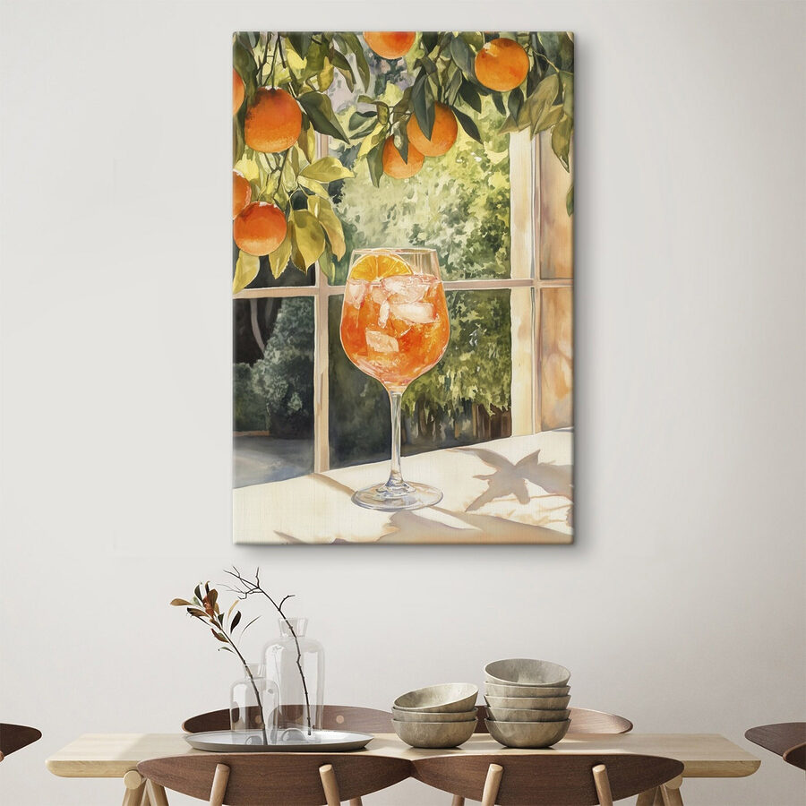 Wandbilder Glas Orangensaft mit Eis und Orangen aus einem Fenster