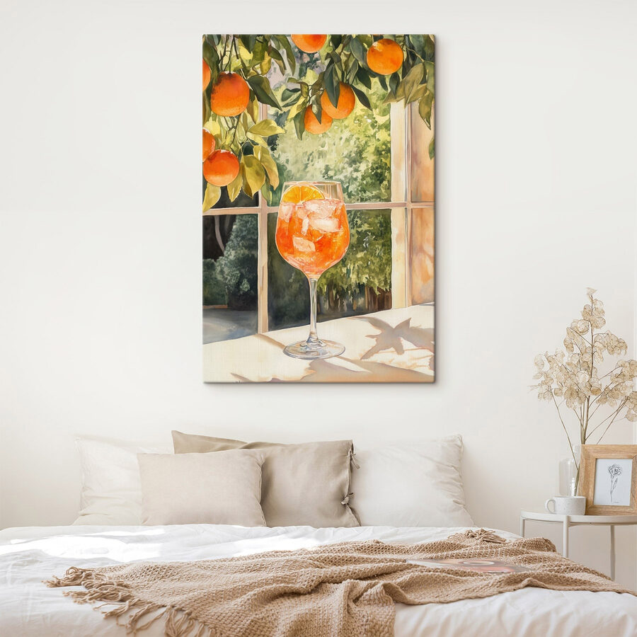 Wandbilder Glas Orangensaft mit Eis und Orangen aus einem Fenster – Bild 2