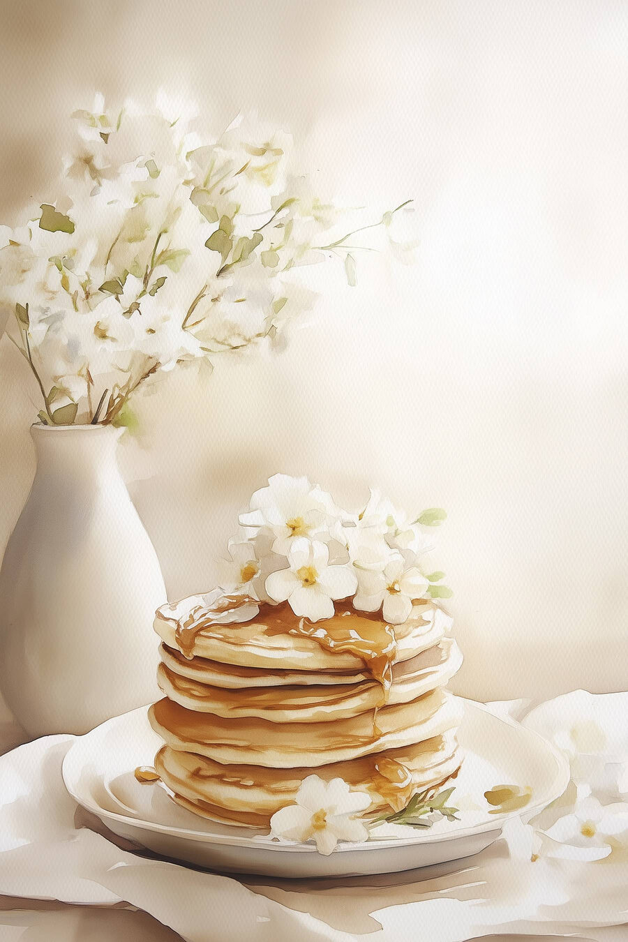 Stapel von Pfannkuchen mit Blumen obenauf