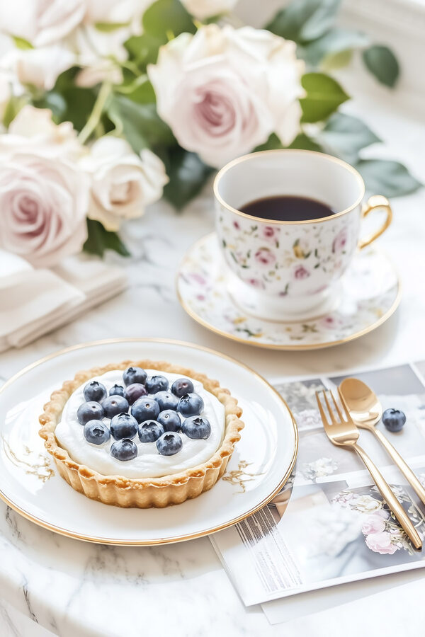 Dessert auf einem Teller mit einer Tasse Kaffee und Blumen Dessert auf einem Teller mit einer Tasse Kaffee und Blumen