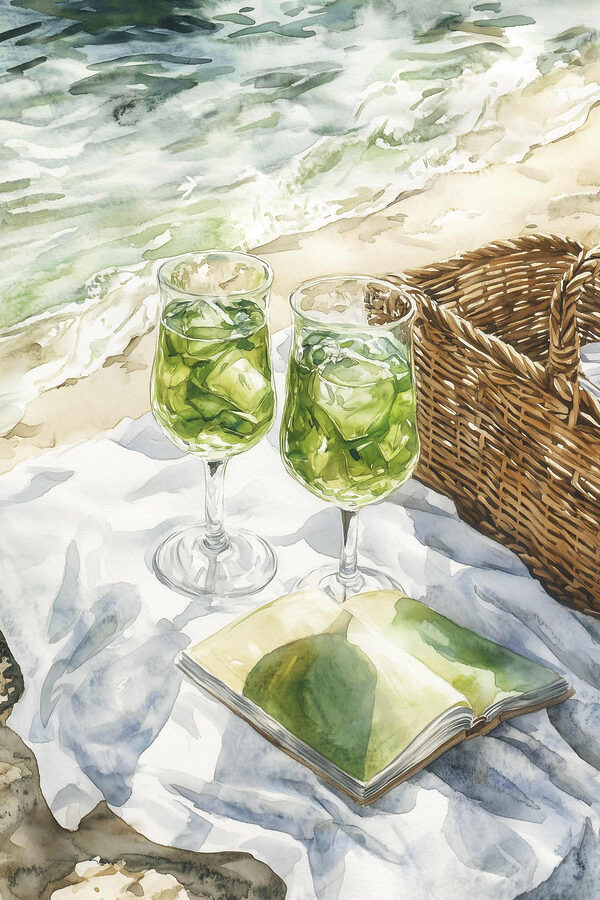 Aquarell von zwei Weingläsern neben einem Picknickkorb und einem Buch Aquarell von zwei Weingläsern neben einem Picknickkorb und einem Buch