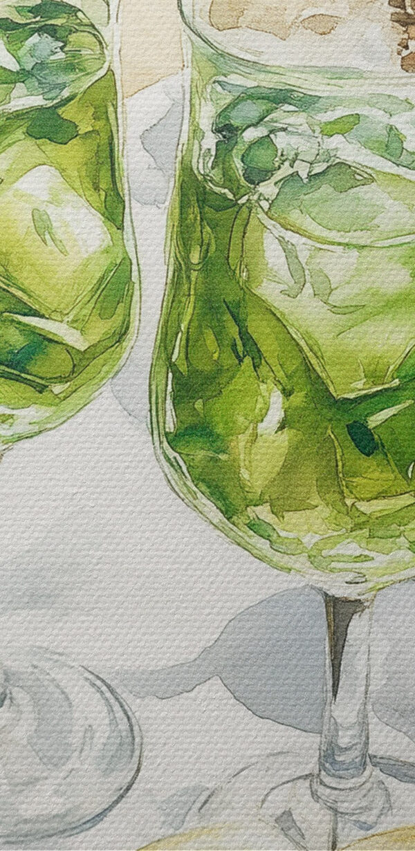 Aquarell von zwei Weingläsern neben einem Picknickkorb und einem Buch Aquarell von zwei Weingläsern neben einem Picknickkorb und einem Buch
