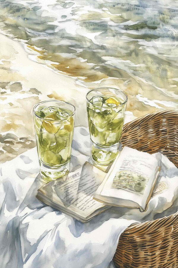 Aquarellbild von zwei Gläsern Eistee und einem Buch auf einer Decke am Strand Aquarellbild von zwei Gläsern Eistee und einem Buch auf einer Decke am Strand