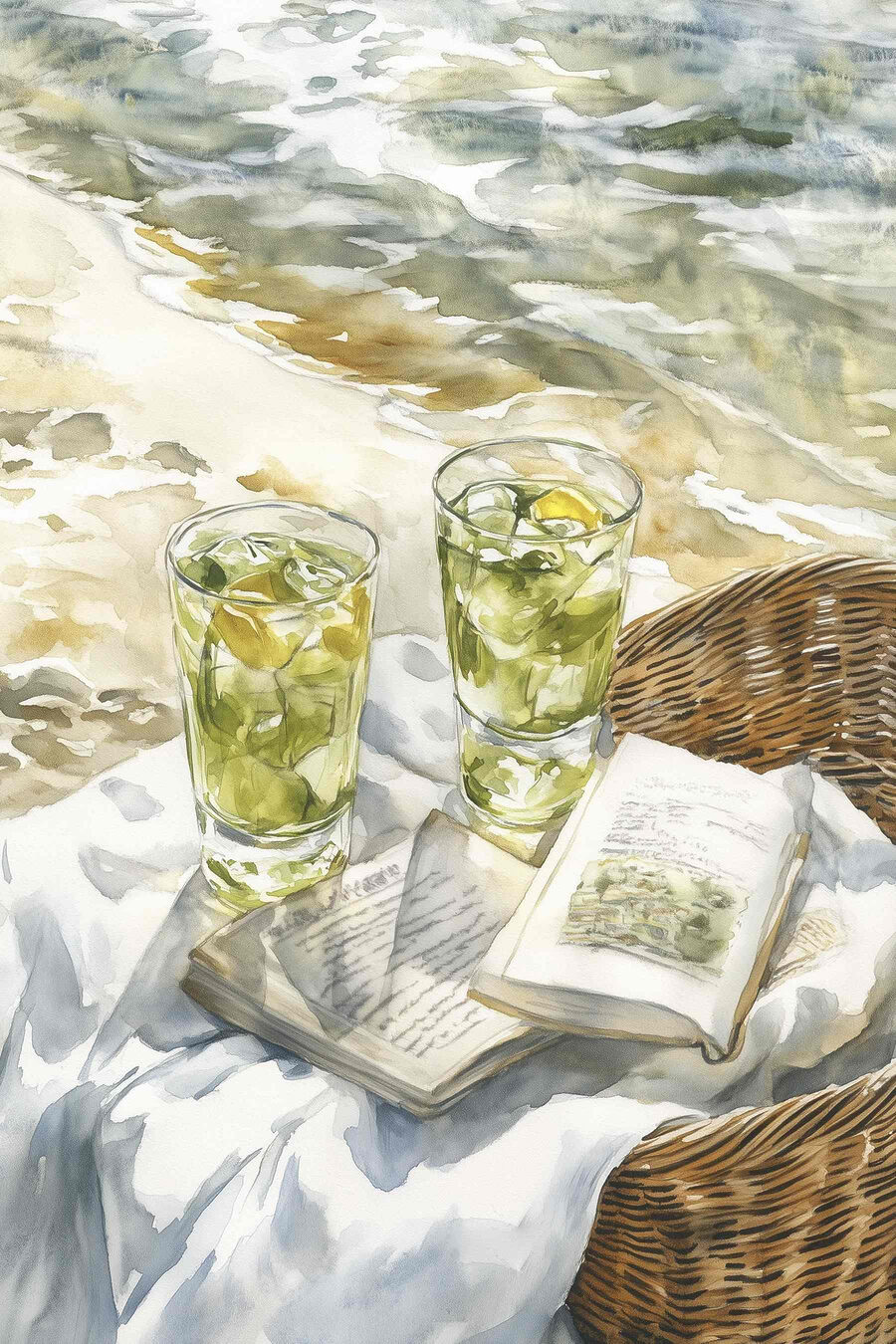 Aquarellbild von zwei Gläsern Eistee und einem Buch auf einer Decke am Strand Aquarellbild von zwei Gläsern Eistee und einem Buch auf einer Decke am Strand
