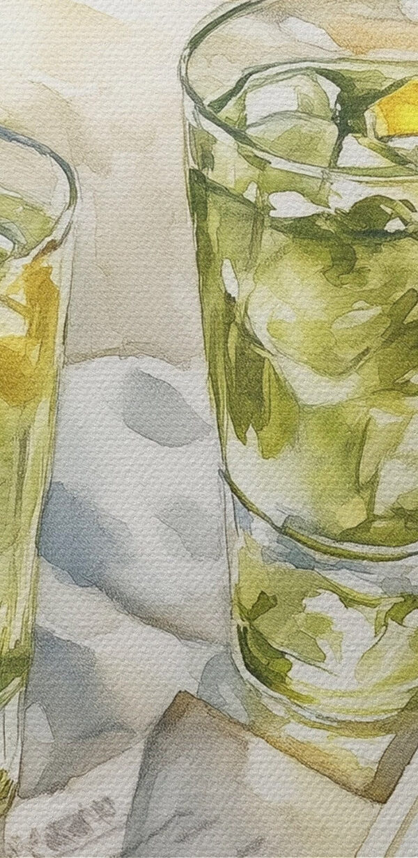 Aquarellbild von zwei Gläsern Eistee und einem Buch auf einer Decke am Strand Aquarellbild von zwei Gläsern Eistee und einem Buch auf einer Decke am Strand