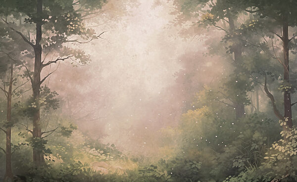 Foggy forest with trees and plants
