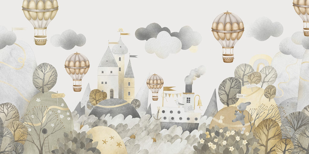 Aquarellmalerei eines Schlosses und Heißluftballons Aquarellmalerei eines Schlosses und Heißluftballons